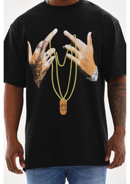 Unisex Baskılı Oversize T-Shirt - Siyah -Vlmr