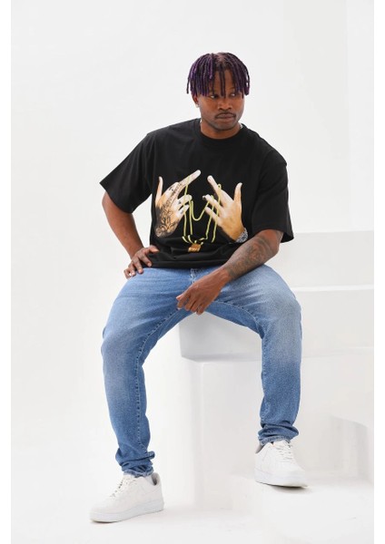 Unisex Baskılı Oversize T-Shirt - Siyah -Vlmr modelleri
