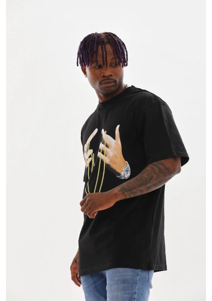 Unisex Baskılı Oversize T-Shirt - Siyah -Vlmr fırsatları