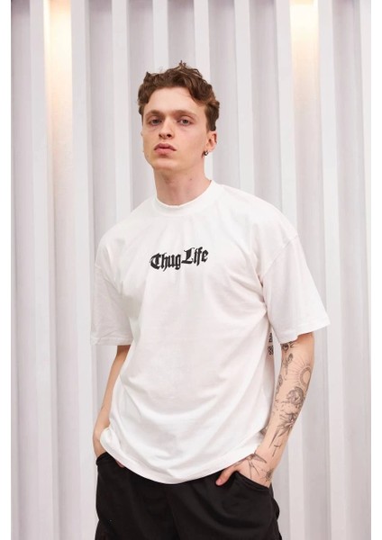 Unisex Bisiklet Yaka Baskılı Oversize T-Shirt - Beyaz -Vlmr