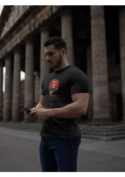 Unisex Bisiklet Yaka Baskılı Oversize T-Shirt - Siyah -Vlmr