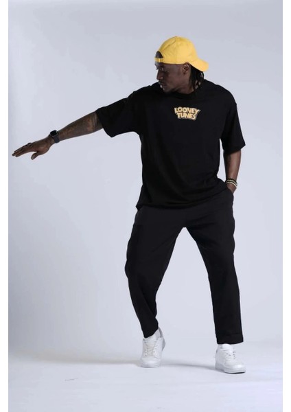 Unisex Bisiklet Yaka Baskılı Oversize T-Shirt - Siyah -Vlmr