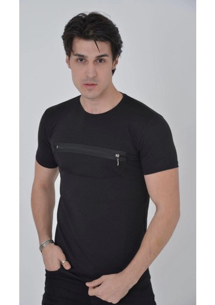 Erkek Göğüste Fermuar Aksesuarlı Dar Kalıp T-Shirt - Siyah -Vlmr