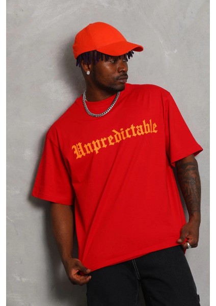 Unisex Oversize Baskılı Bisiklet Yaka T-Shirt - Kırmızı -Vlmr modelleri