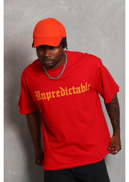 Unisex Oversize Baskılı Bisiklet Yaka T-Shirt - Kırmızı -Vlmr fırsatları