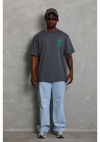 Unisex Oversize Baskılı Bisiklet Yaka T-Shirt - Füme -Vlmr