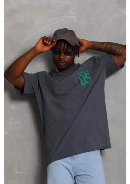 Unisex Oversize Baskılı Bisiklet Yaka T-Shirt - Füme -Vlmr fiyatları