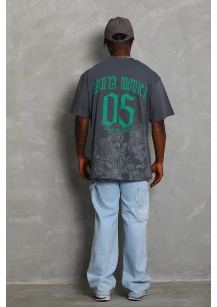 Unisex Oversize Baskılı Bisiklet Yaka T-Shirt - Füme -Vlmr modelleri