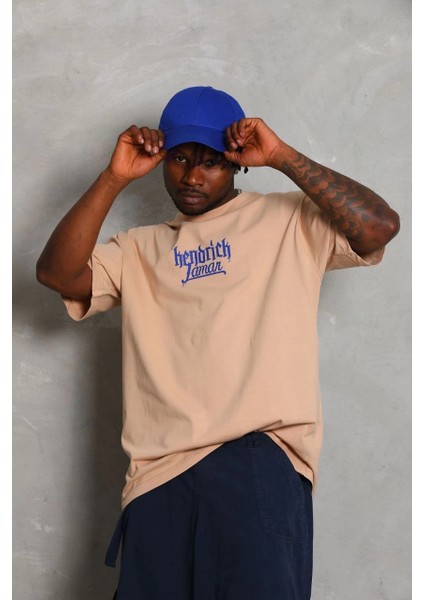 Unisex Oversize Baskılı Bisiklet Yaka T-Shirt - Bej -Vlmr