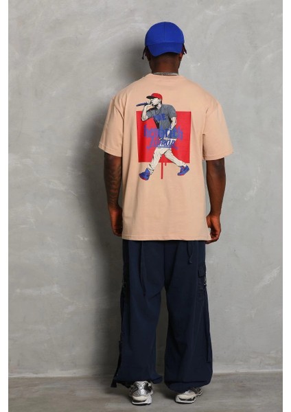 Unisex Oversize Baskılı Bisiklet Yaka T-Shirt - Bej -Vlmr modelleri
