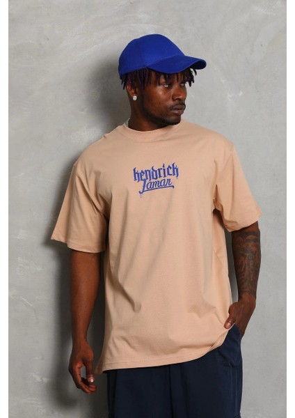 Unisex Oversize Baskılı Bisiklet Yaka T-Shirt - Bej -Vlmr indirimleri