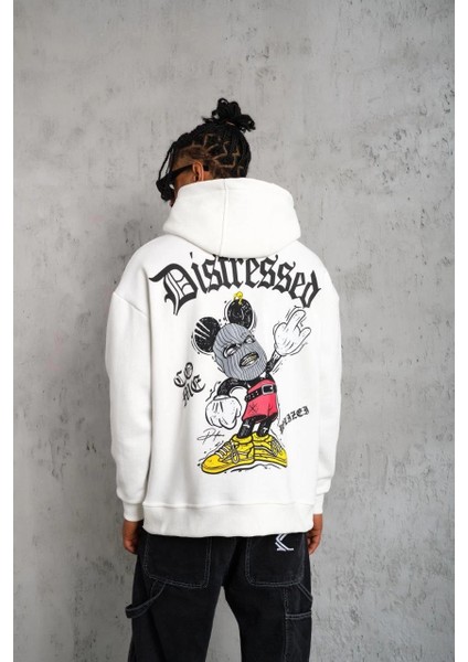 Erkek Üç Iplik Baskılı Kapüşonlu Sweat - Beyaz -Vlmr