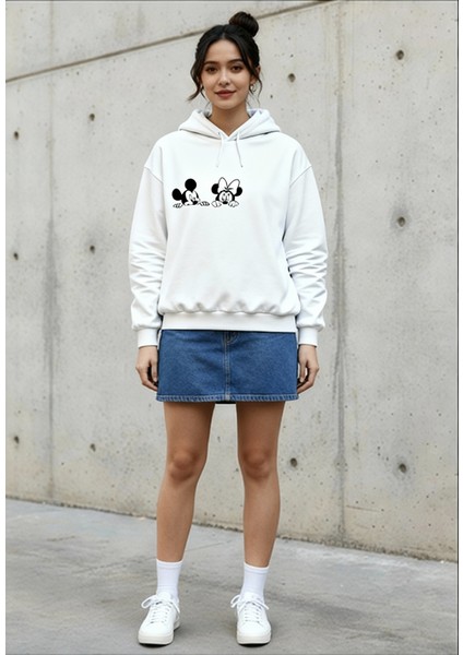 Minnie's Mickey Özel Tasarım Kapüşonlu Sweatshirt Beyaz
