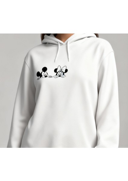 Minnie's Mickey Özel Tasarım Kapüşonlu Sweatshirt Beyaz indirimleri