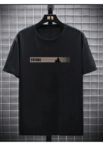 20/1 Penye Compack Futre Baskılı Oversize Kısa Kol Bisiklet Yaka T-Shirt - Siyah -Vlmr