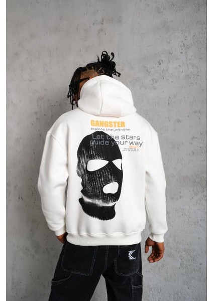Erkek Kordonlu Maske Baskılı Kapüşonlu Sweat - Beyaz -Vlmr