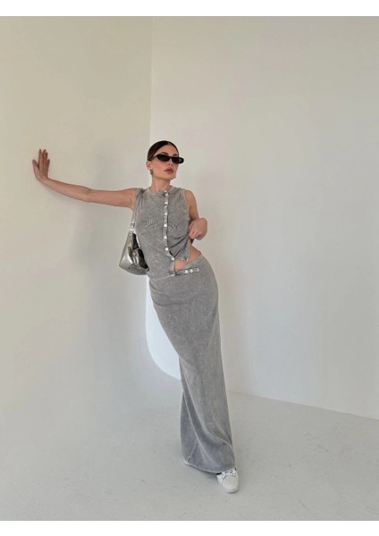 Uzun Etekli Önü Düğmeli Badi Ikili Takım- Gri -Vlmr fiyatları