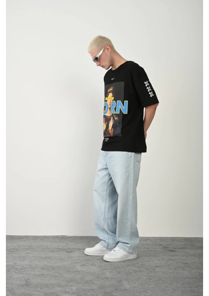 Unisex Baskılı Bisiklet Yaka Oversize T-Shirt - Siyah -Vlmr