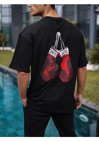 Unisex Bisiklet Yaka Baskılı Oversize T-Shirt - Siyah -Vlmr fiyatları