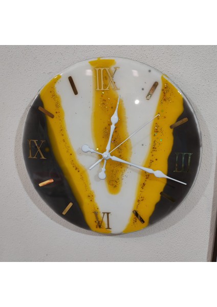 Epoksi Duvar Saati 33 cm Roma Rakamlı Altın Nehir Desenli Ultra Sessiz