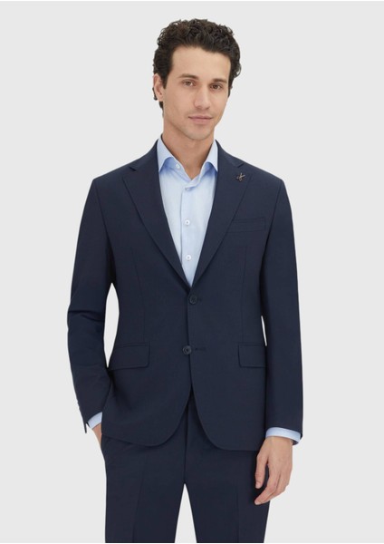 Koyu Lacivert Çizgili Zeroweight Slim Fit Yün Karışımlı Takım Elbise