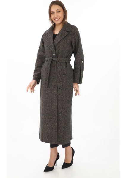 Kadın Kolu Apoletli Astarlı Kaşmir Kaşe Kaban - Füme -Vlmr modelleri