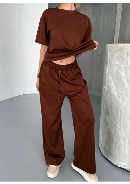 Osy Modal Yumuşak Dokulu Kumaş Kısa Kollu Bluz Rahat Pantalon Ikili Takım- Kahverengi -Vlmr indirimleri