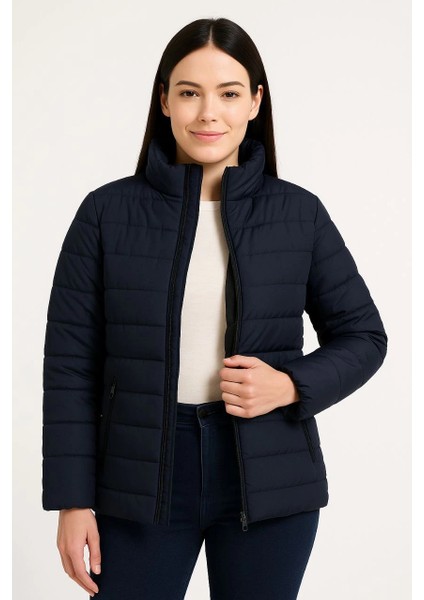 Kadın Bomber Mont Ceket - Su Itici Kumaş, Kapitone Astarlı, Fermuarlı, Kışlık - Lacivert -Vlmr