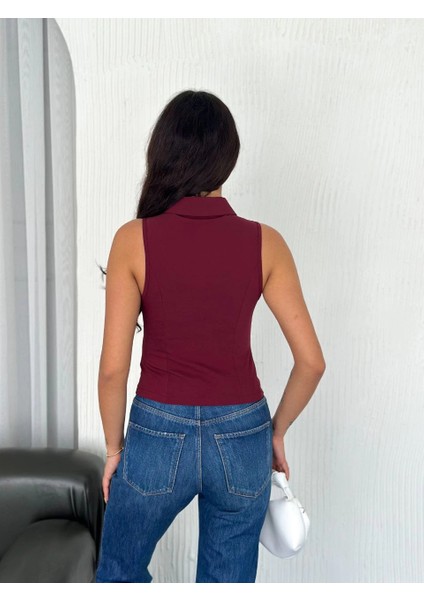 Yakalı Tam Fermuarlı Kolsuz Bluz - Bordo -Vlmr fiyatları
