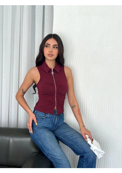 Yakalı Tam Fermuarlı Kolsuz Bluz - Bordo -Vlmr modelleri