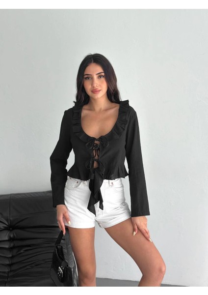 Keten Uzun Kol Bağacık Detaylı Bluz - Siyah -Vlmr indirimleri