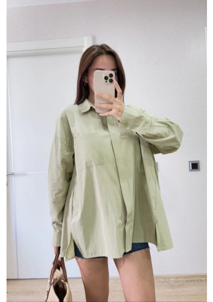 Poplin Kadın Yakalı Yandan Yırtmaçlı Arka Pens Detaylı Gömlek - Yeşil -Vlmr