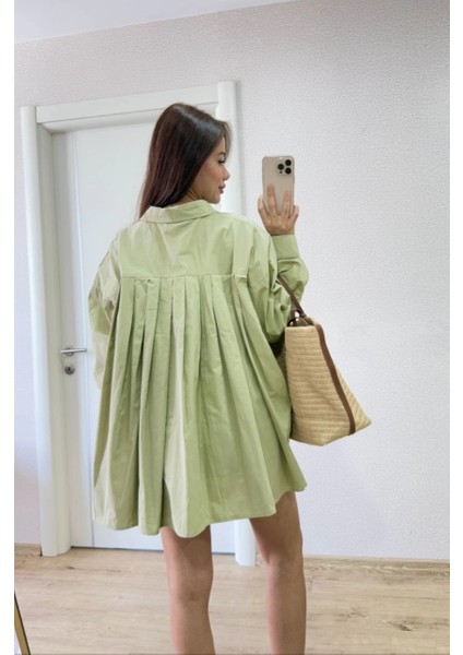 Poplin Kadın Yakalı Yandan Yırtmaçlı Arka Pens Detaylı Gömlek - Yeşil -Vlmr indirimleri