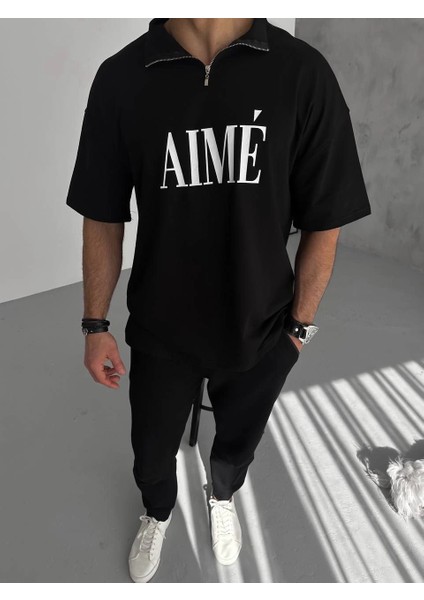 Unisex Yarım Fermuarlı Baskılı T-Shirt - Siyah -Vlmr