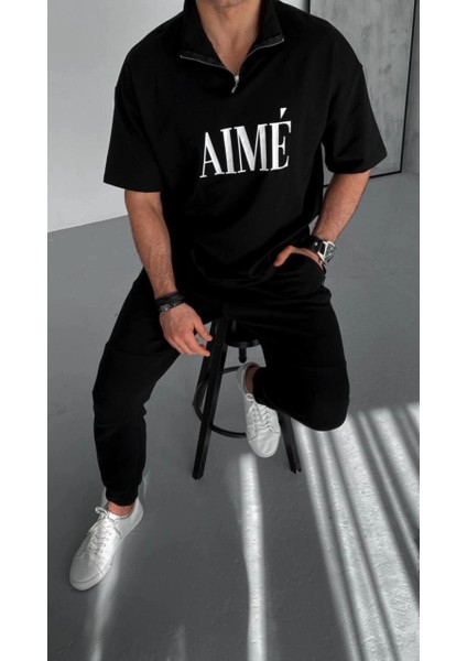 Unisex Yarım Fermuarlı Baskılı T-Shirt - Siyah -Vlmr fiyatları