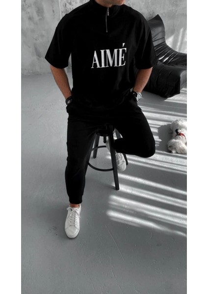 Unisex Yarım Fermuarlı Baskılı T-Shirt - Siyah -Vlmr modelleri