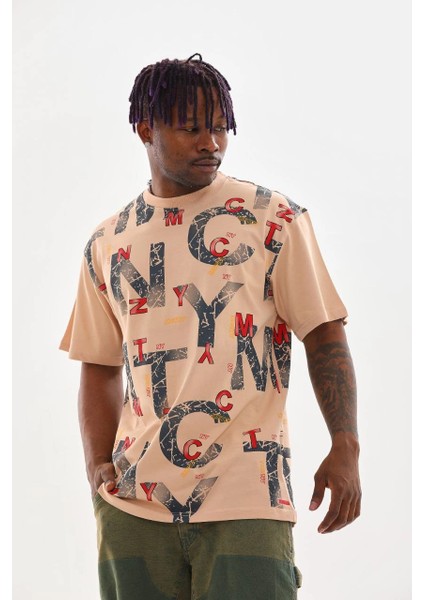 Unisex Baskılı Oversize T-Shirt - Bej -Vlmr modelleri