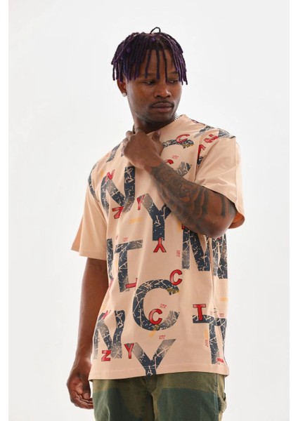 Unisex Baskılı Oversize T-Shirt - Bej -Vlmr fırsatları