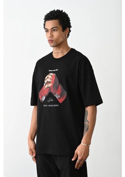 Unisex Baskılı Oversize T-Shirt - Siyah -Vlmr