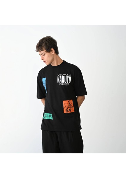 Unisex Bisiklet Yaka Baskılı Oversize T-Shirt - Siyah -Vlmr modelleri