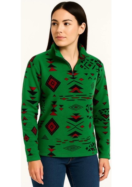 Kadın Yarım Fermuarlı Desenli Polar Sweat Tribal Etnik Desen Yakalı, Uzun Kollu, Oversize Rahat Kalıp - Yeşil -Vlmr modelleri