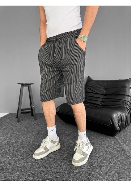 Su Yolu Çizgili Ön Arka Cepli Şort Yazlık Nefes Alabilir - Siyah -Vlmr modelleri