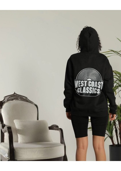 Unisex Sırt Baskılı Kapüşonlu Üç Iplik Oversize Sweatshirt - Siyah -Vlmr fiyatları