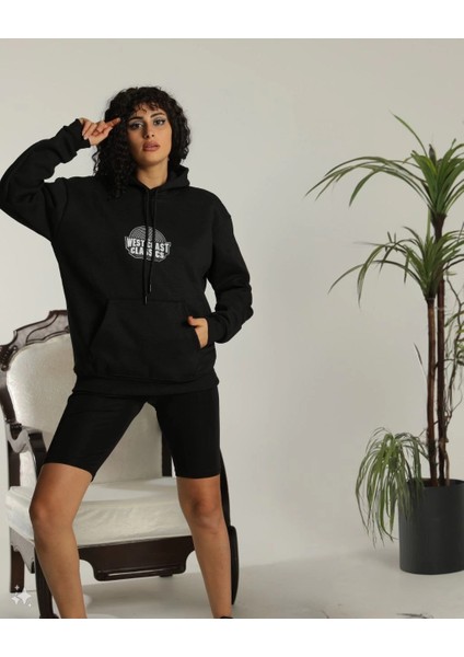 Unisex Sırt Baskılı Kapüşonlu Üç Iplik Oversize Sweatshirt - Siyah -Vlmr modelleri