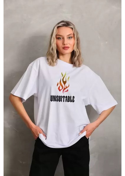 Unisex Bisiklet Yaka Baskılı Oversize T-Shirt - Beyaz -Vlmr