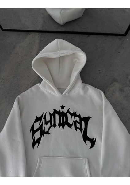 Üç Iplik Kapüşonlu Baskılı Oversize Sweatshirt- Beyaz -Vlmr