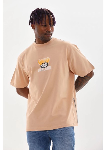 Unisex Baskılı Oversize T-Shirt - Bej -Vlmr