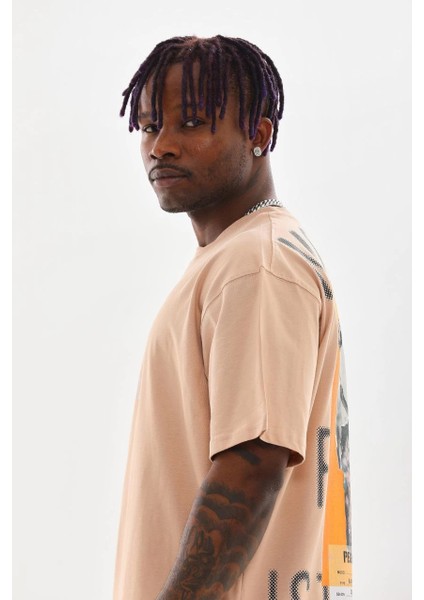 Unisex Baskılı Oversize T-Shirt - Bej -Vlmr fırsatları