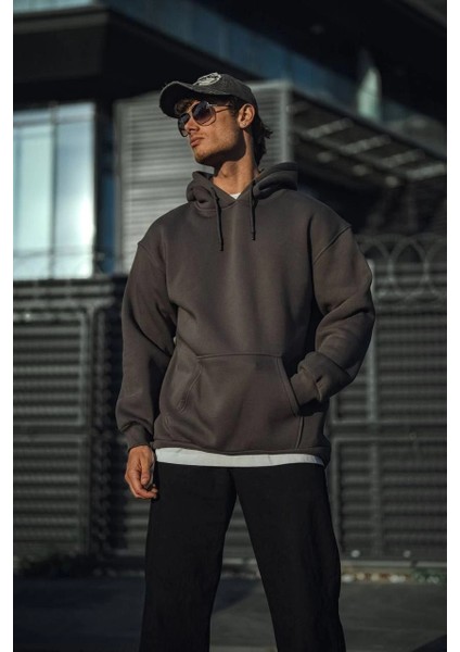 Üç Iplik Penye Kapşonlu Basic Sweatshirt - Füme -Vlmr modelleri