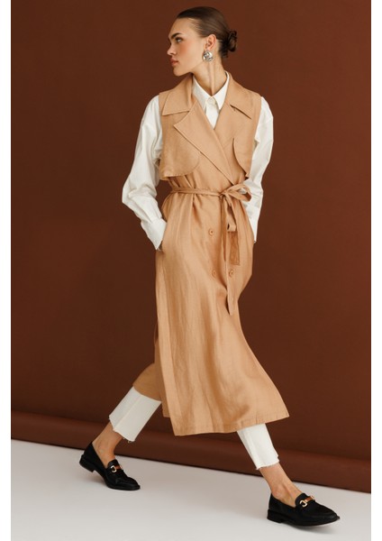 Bej Mizalle Keten Karışımlı Camel Uzun Trençkot Yelek fiyatları